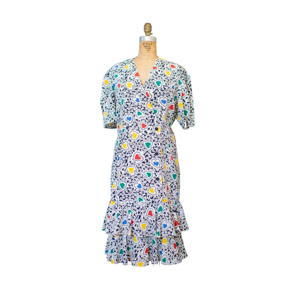Vintage 80s Colorful Heart Print Dress, Artsy Flounce Skirt, Drop Waist, Lg 12